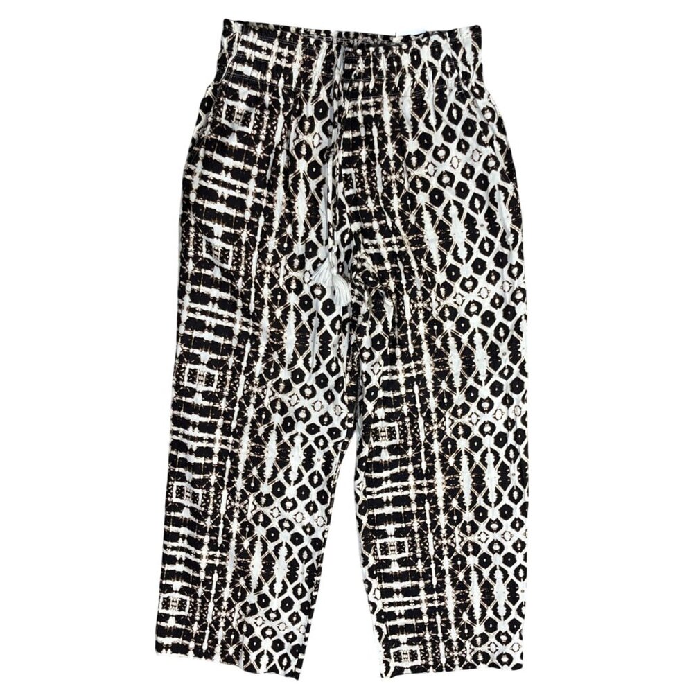 New INC Global Traveler Pants Wide Leg Size L Large Linen Blend Black Cream